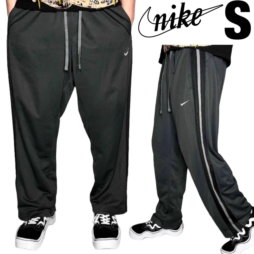 NIKE Sweatpants Mens Dark Grey Relaxed Fit Black Striped Polyester Pants SMALL